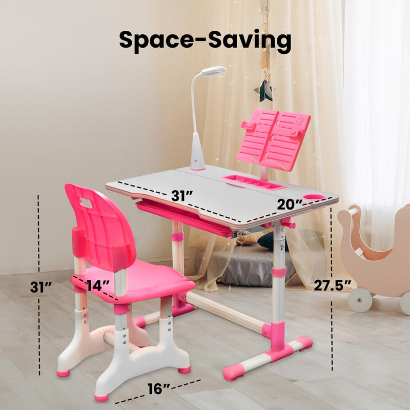 Height Adjustable Desk for Kids - Chair, Book Stand, Drawers, LED Lamp