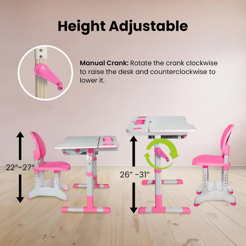 Height Adjustable Desk for Kids - Chair, Book Stand, Drawers, LED Lamp
