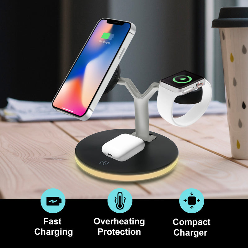 3-In-1 Wireless Charger Stand - LED Light, For Apple Devices
