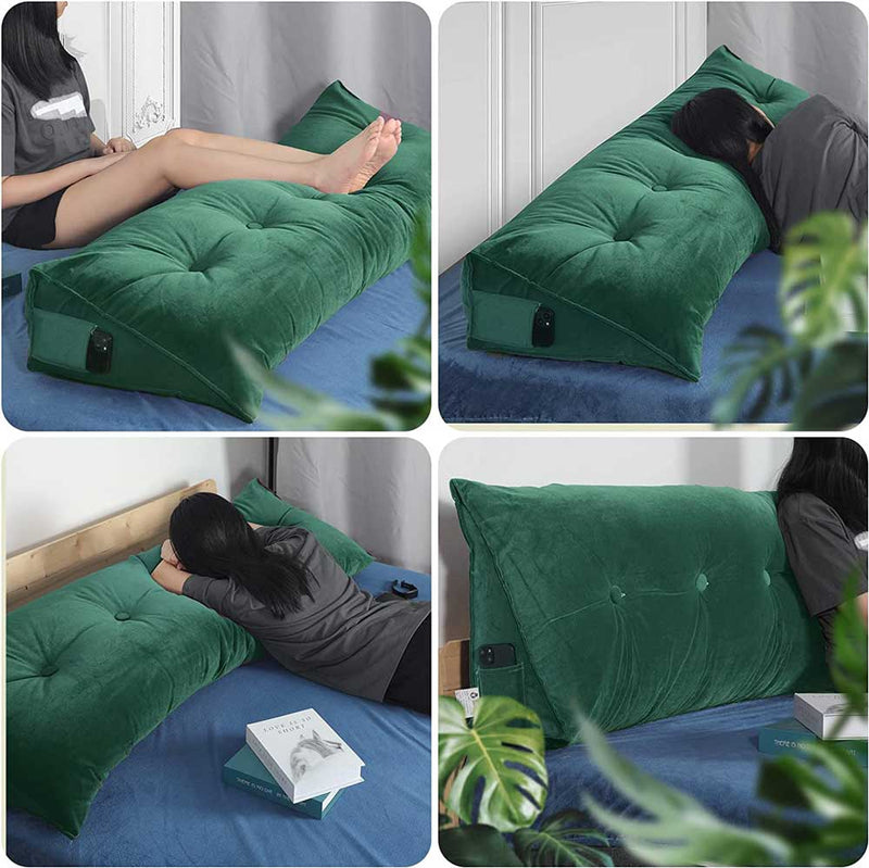 Gorilla Gadgets Large Reading Bed Rest Pillow - Triangular Headboard Wedge Pillow, Backrest Positioning Support, Washable Velvet Cover (Green)