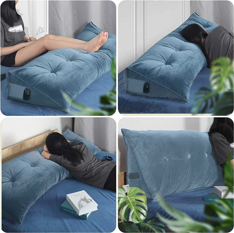 Gorilla Gadgets Large Reading Bed Rest Pillow - Triangular Headboard Wedge Pillow, Backrest Positioning Support, Washable Velvet Cover (Teal Blue)